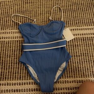 SOLID & STRIPED Ribbed Periwinkle One-Piece Swimsuit with Contrast Trim